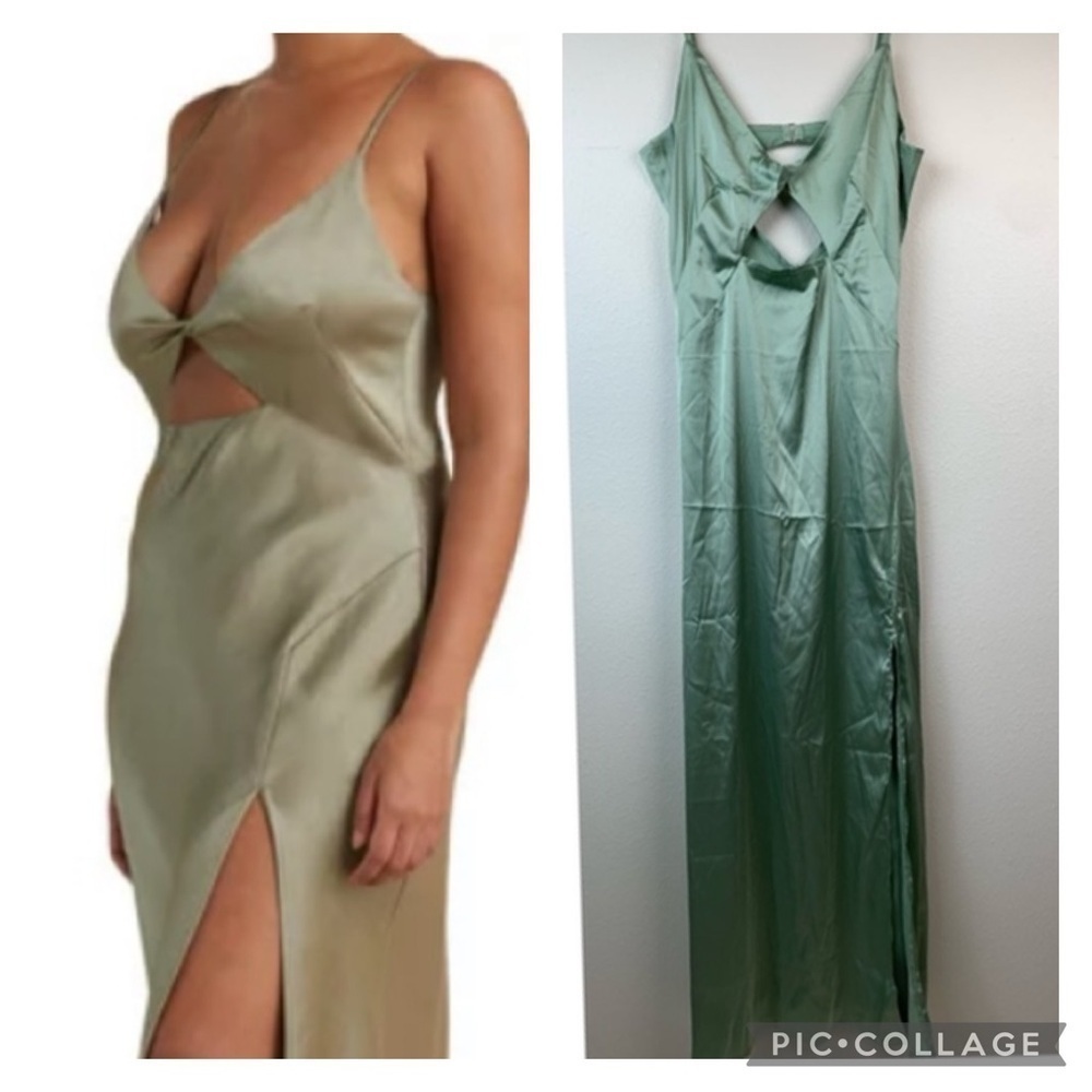 NWT Olive, mossy maxi slip dress, spaghetti strap deep V Neck thigh slit hem - Picture 1 of 12
